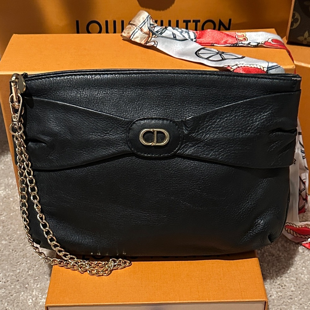 CHRISTIAN DIOR BLACK LEATHER CLUTCH BAG w/added Gold Chain Accent